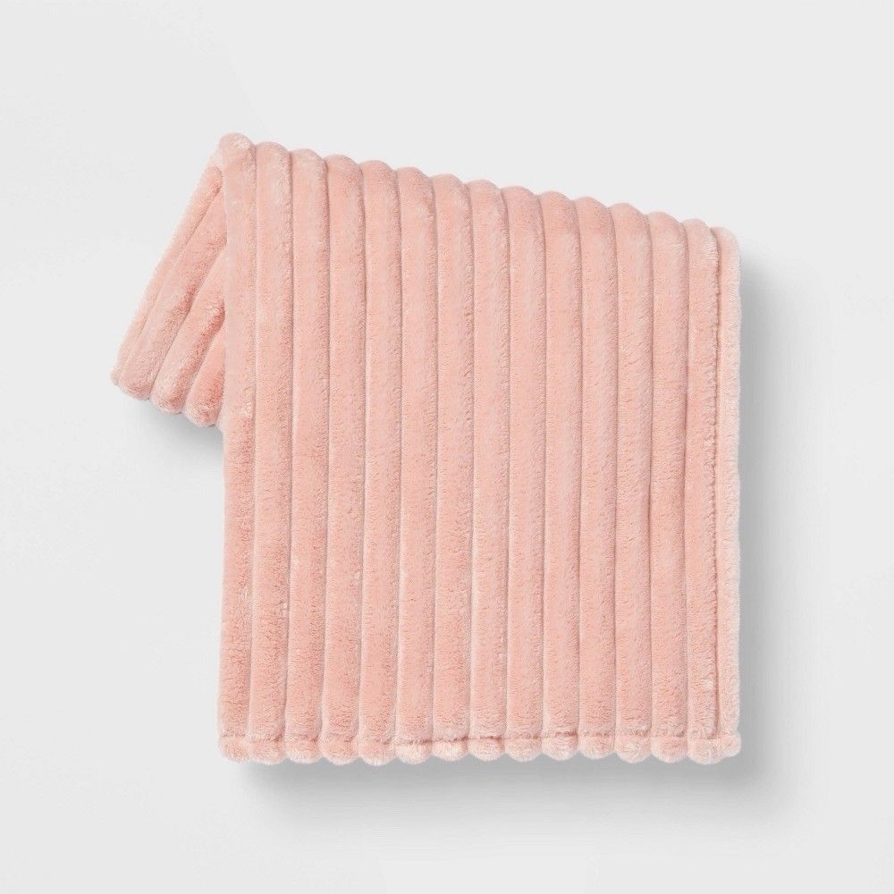 Room Essentials Blush Ribbed Plush Throw Blanket Soft Flannel New